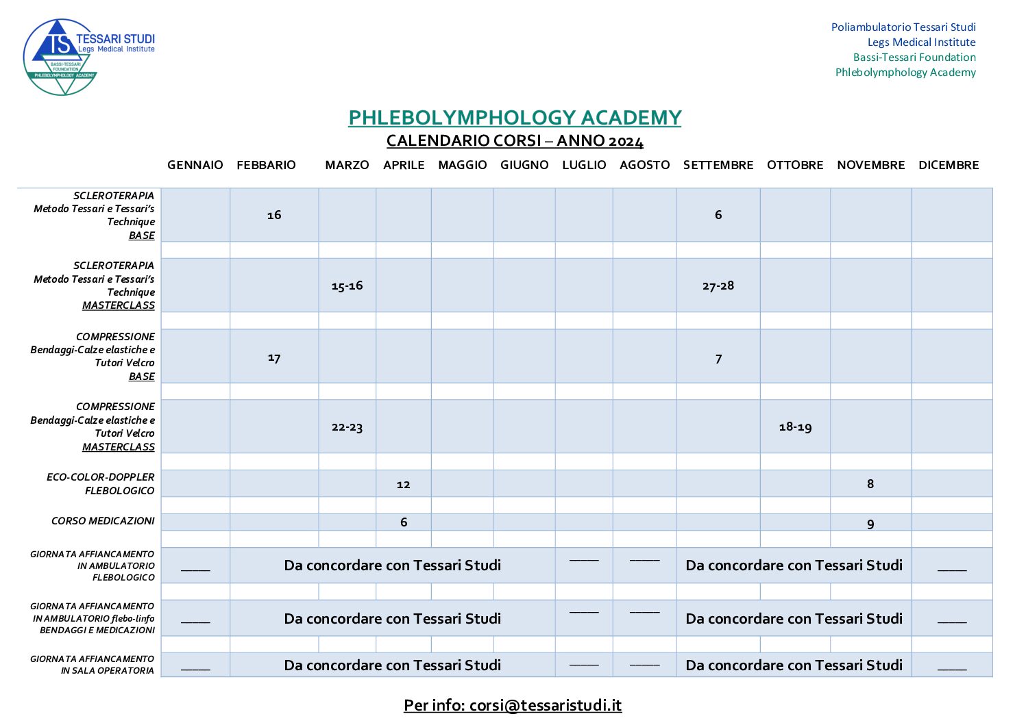 Calendario Formazione - Corsi & Masterclass 2024 - Tessari Studi Phlebolymphology Academy