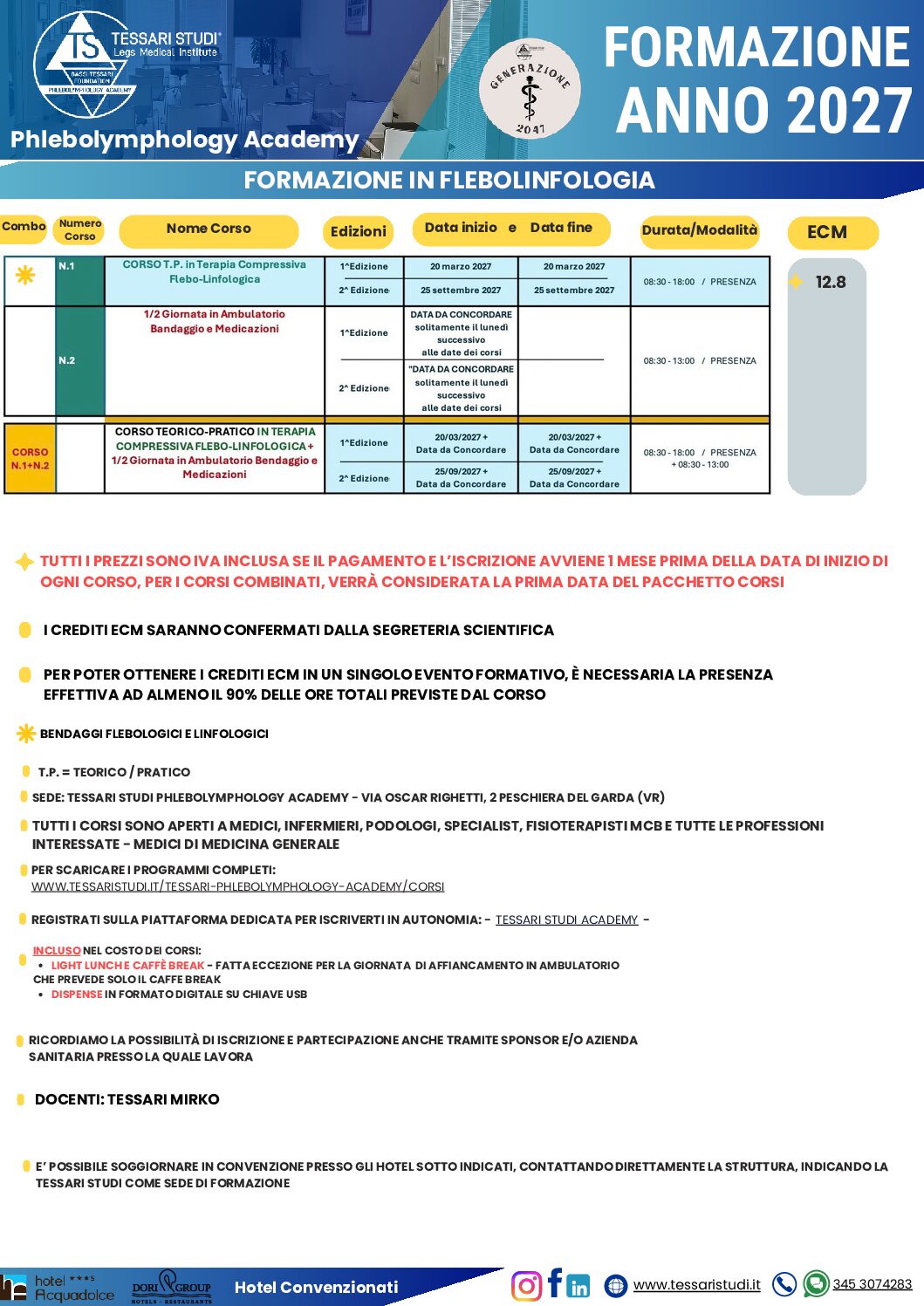 Calendario Formazione - Anno 2027 - Tessari Studi Phlebolymphology Academy